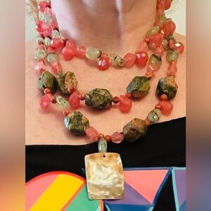 Genuine Multi-Strand Coral and Green Hand Beaded Necklace